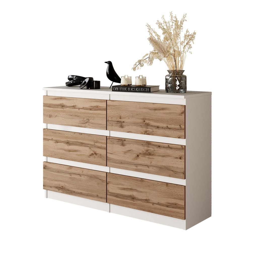 A dresser with six drawers against a white background.