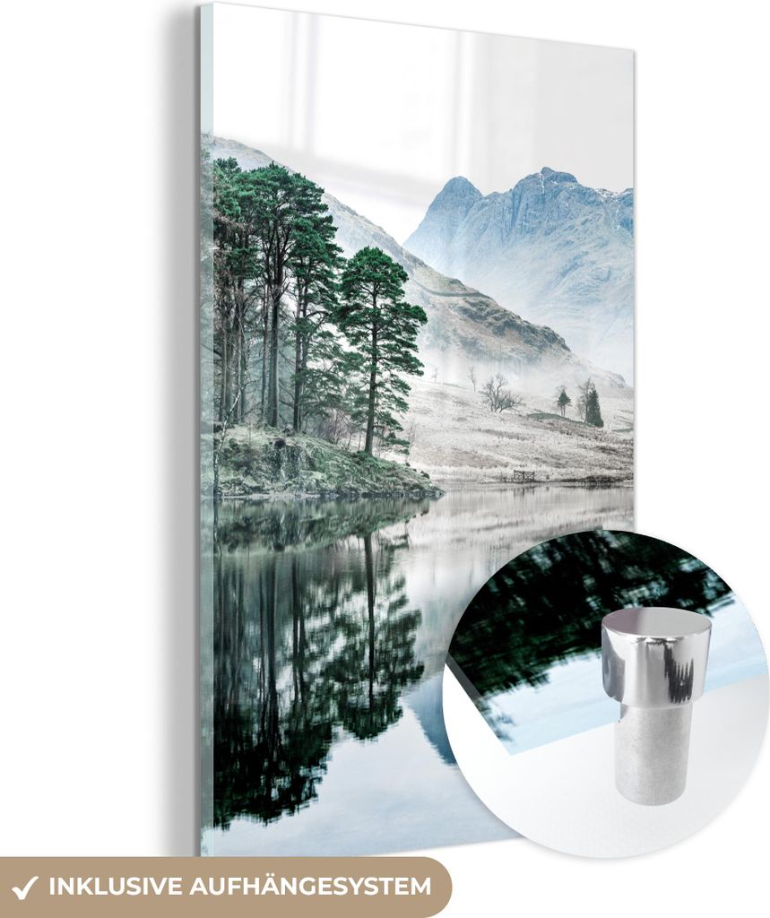 MuchoWow Glasbilder - Bilder auf Wandbild - Foto auf Glas Natur - Winter - Berge - Wald 40x60 cm Wanddekoration aus Glas - Acrylglasbild - Acrylbil...