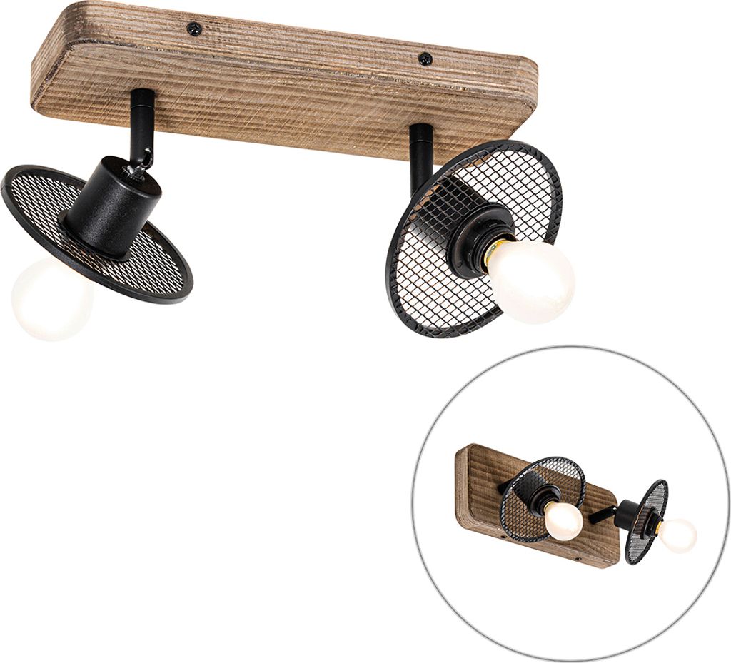 QAZQA - Industrie I Vintage I Industrie I Vintage Ir Deckenstrahler schwarz mit Holz 2-flammig-flammig - Jasmijn I Wohnzimmer I Schlafzimmer - Stah...