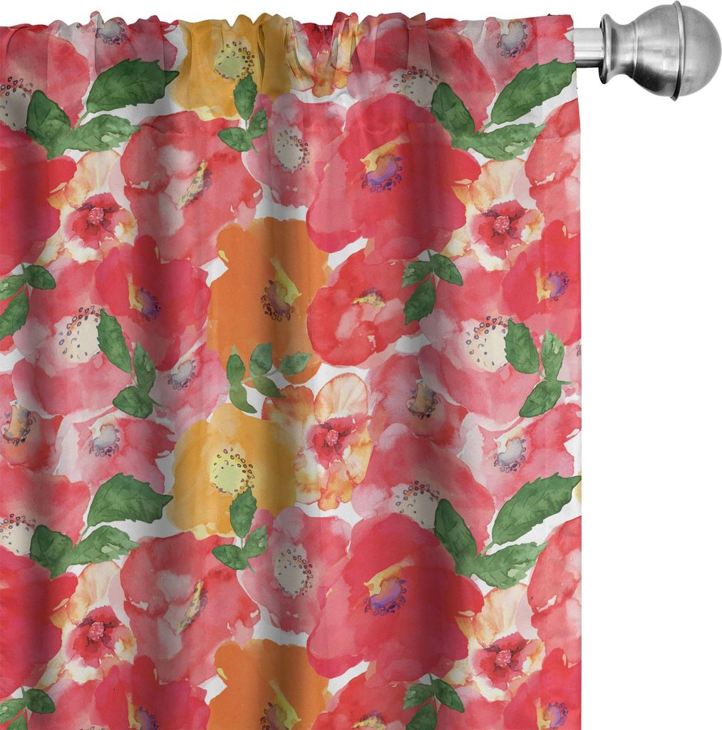 ABAKUHAUS Blume Vorhänge, Gardinen, Aquarell gestyltes Effekt-Blumenthema Schöne Blumen und Blatt-Muster-Kunst, 2 Stück 75 x 175 cm, Rot und orange