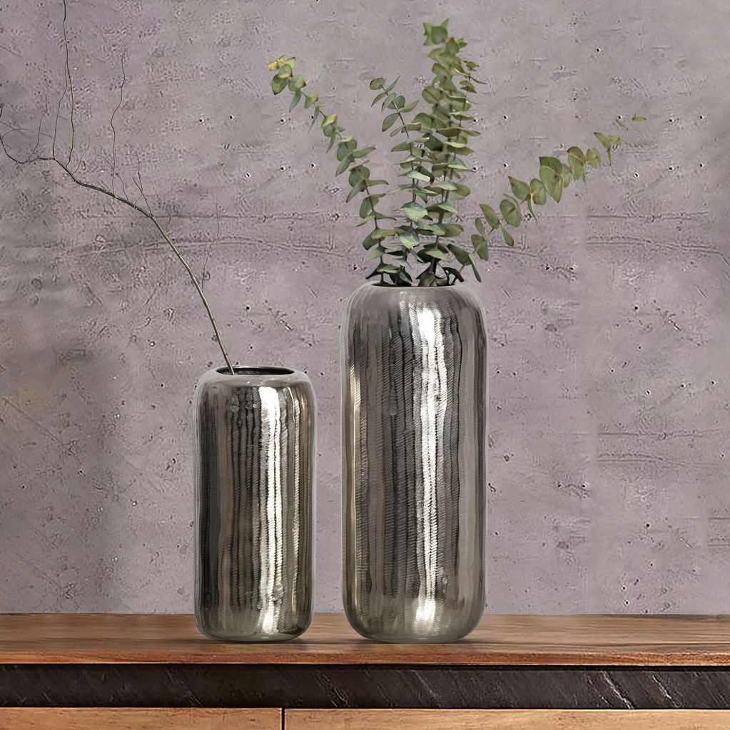 WOHNLING Deko Vase 2er Set Aluminium Silber Zylinder Blumenvase Modern Dekovase Rund 2-teilig für Blumen Alu Tischvase Wohndeko Metall Tischdeko