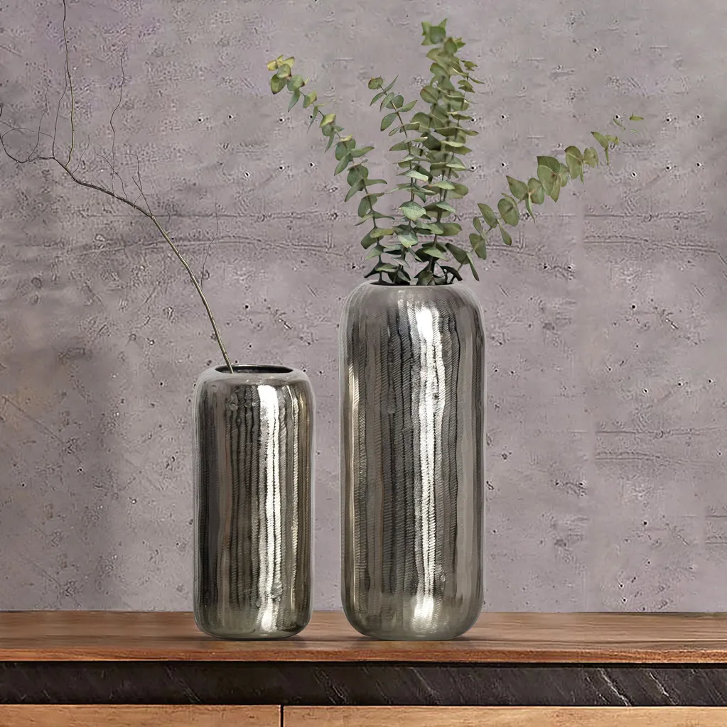 Vase Décoratif Rond en Aluminium Argenté Duo de Vases Modernes en Métal