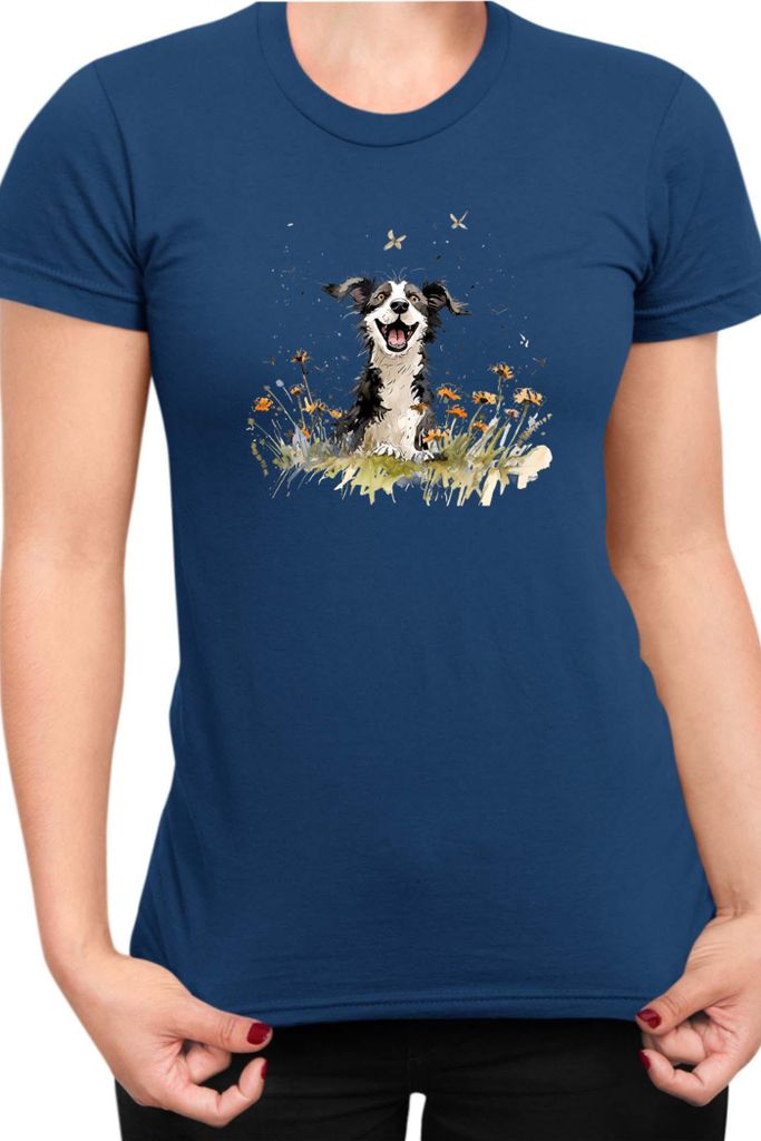 Damen T-Shirt Funny Dogs Breeds Border Collie Dog Breed 010, Lady XS / Dunkelblau
