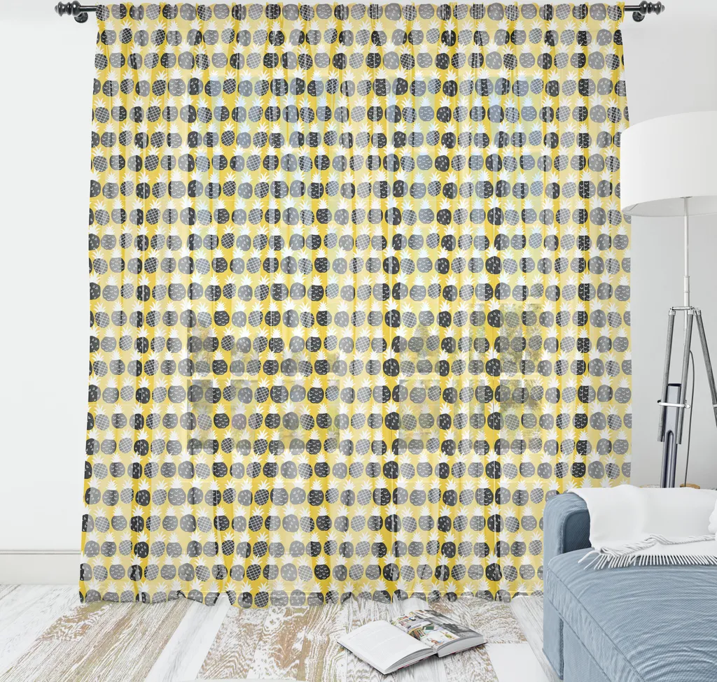 ABAKUHAUS Arazzo con motivo ananas, Simpatici frutti esotici Illustrazione moderna in colori pastello Effetti geometrici hipster, Arazzo in raso setoso per soggiorno e camera da letto, 135 cm x 274 cm, senape e grigio carbone