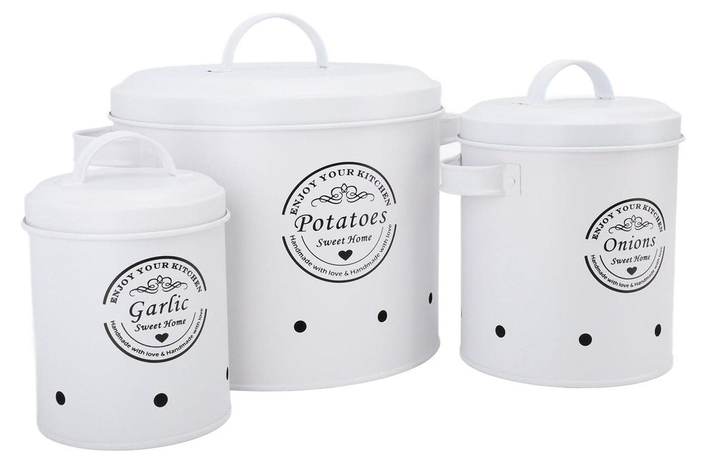 3er-Set Aufbewahrungsbehälter für Kartoffeln und Zwiebeln aus Kohlenstoffstahl, ideal für den Landhausstil, für die Küche, weiß