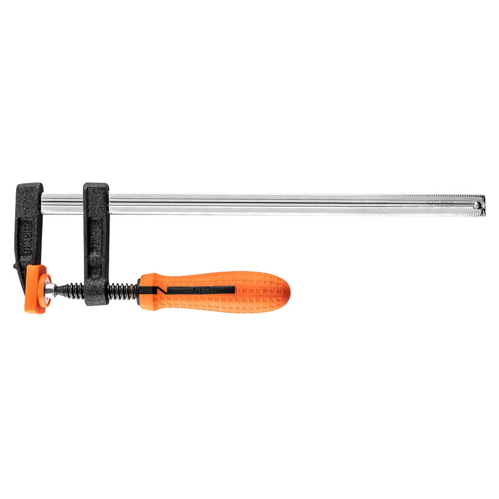 NEO TOOLS Schraubzwinge 50 x 250 mm, Zweikomponentengriff, Kunststoffaufsätze für Backen, Andruckkraft bis 170 kg, DIN5117