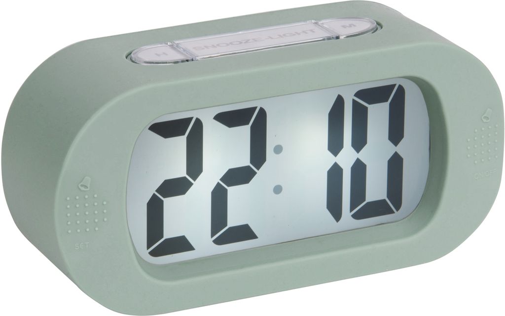 A digital alarm clock with a green casing and a digital display showing the time.