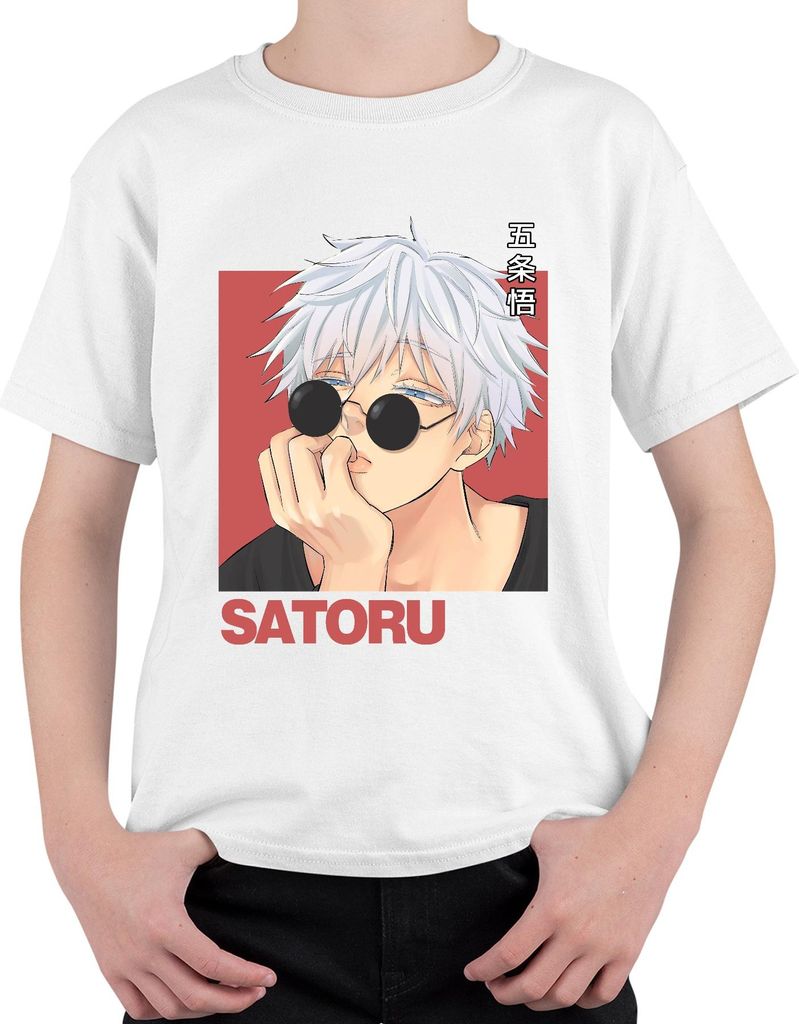 SATORU Gojo Jujutsu Kaisen Anime Sonnenbrille weißes Haar Retro Uni Kinder T-Shirt, Weiß, 152