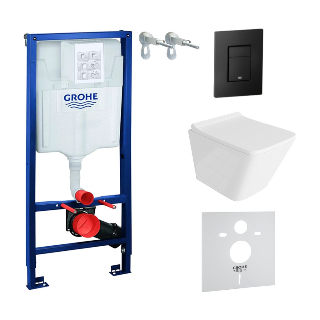 GROHE Vorwandelement Solido + Wand Hänge WC Lago Weiß Spülrandlos + WC-Sitz SoftClose | Schwarzer Knopf | Komplettset | Unterputz Spülkasten | ...