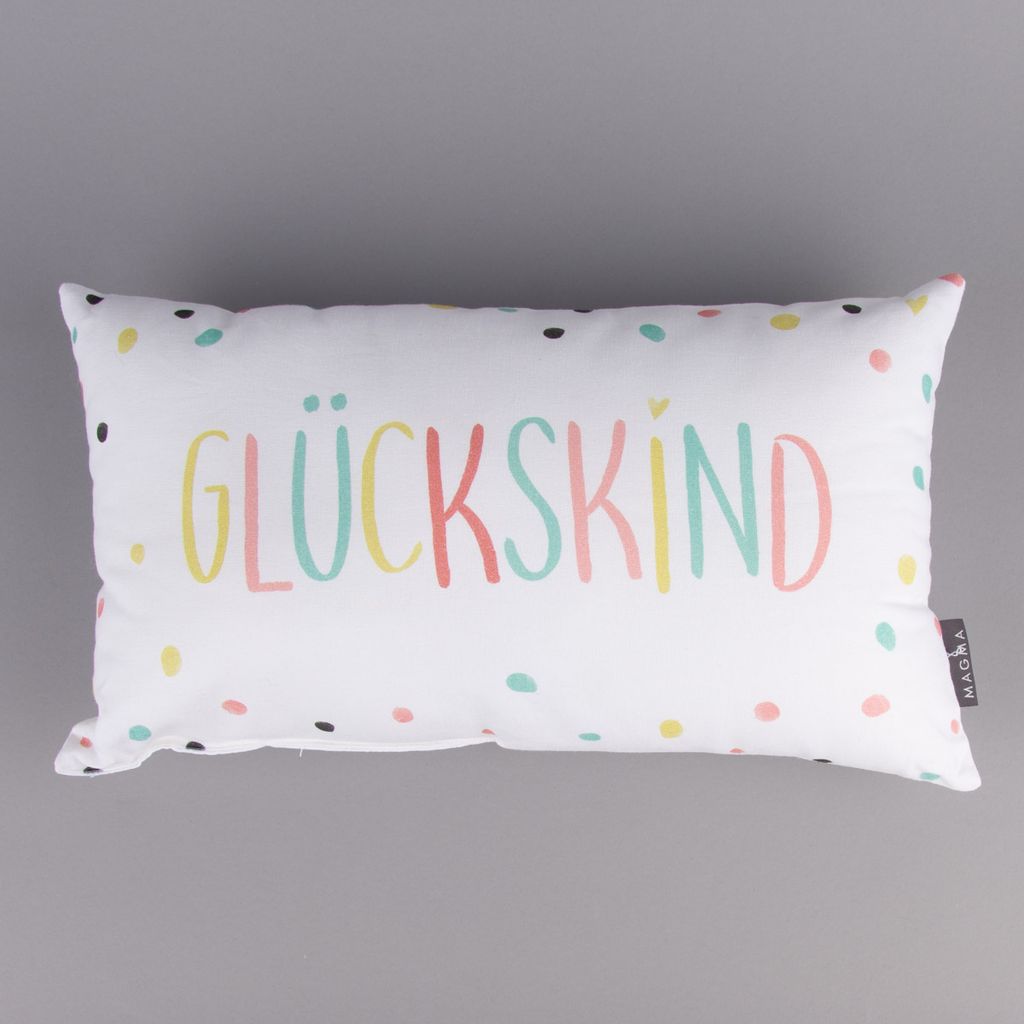 Magma Deko Kissen mit Aufschrift Glückskind weiß pastell Produktbild 