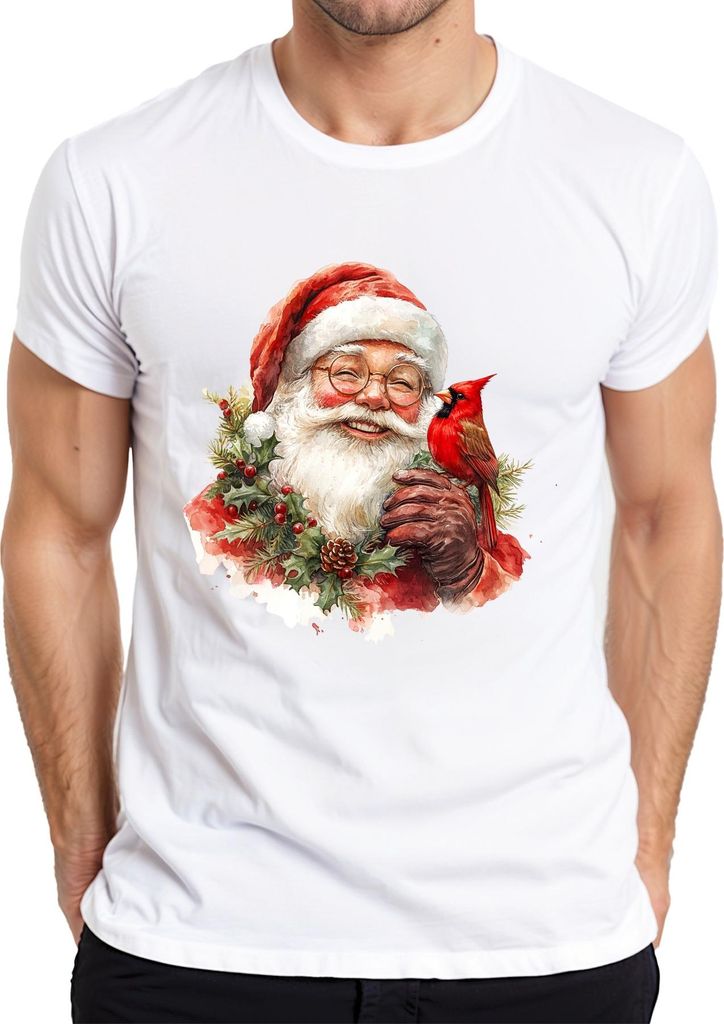 Weihnachtsmann Kardinal Vogel Stechpalme Kiefernzapfen Aquarell Herren T-Shirt, Weiß, XL