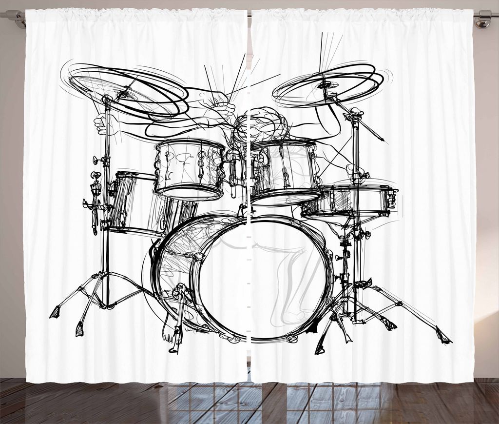 ABAKUHAUS Rockmusik Rustikaler Vorhang, Schlagzeuger-Gekritzel-Kunst, Wohnzimmer Universalband Gardinen mit Schlaufen und Haken, 280 x 175 cm, Wei...