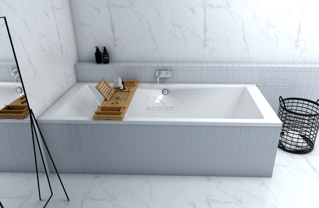 ECOLAM große Badewanne Doppelbadewanne Wanne Acrylwanne TAMI Rechteck Acryl weiß 200x90 cm + Bambusablage + Styroporverkleidung befliesbar + Abla...