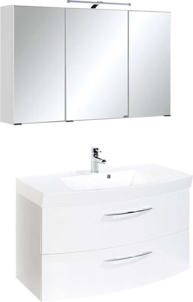 Waschtisch-Set Bad Set Waschplatz Spiegelschrank Badezimmer "Graphit I" (Korpus-weiß/Front-weiß Hochglanz)