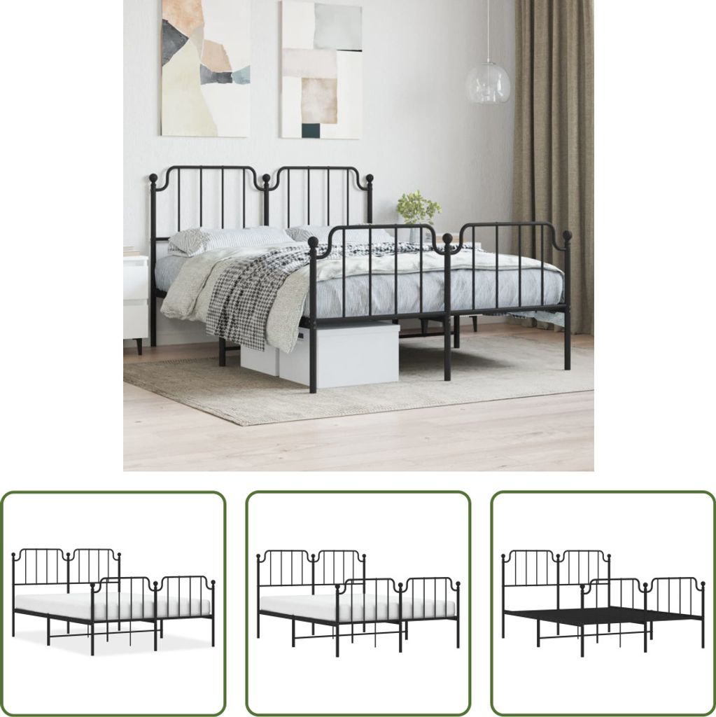 The Living Store Bettgestell mit Kopf- und Fußteil Metall Schwarz 140x190 cm