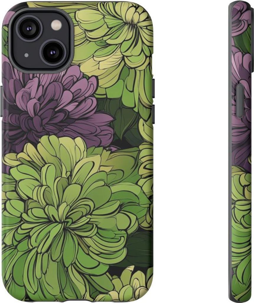 Grünes und violettes Chrysanthemenmuster – Hülle Kompatibel mit iPhone 14 Plus