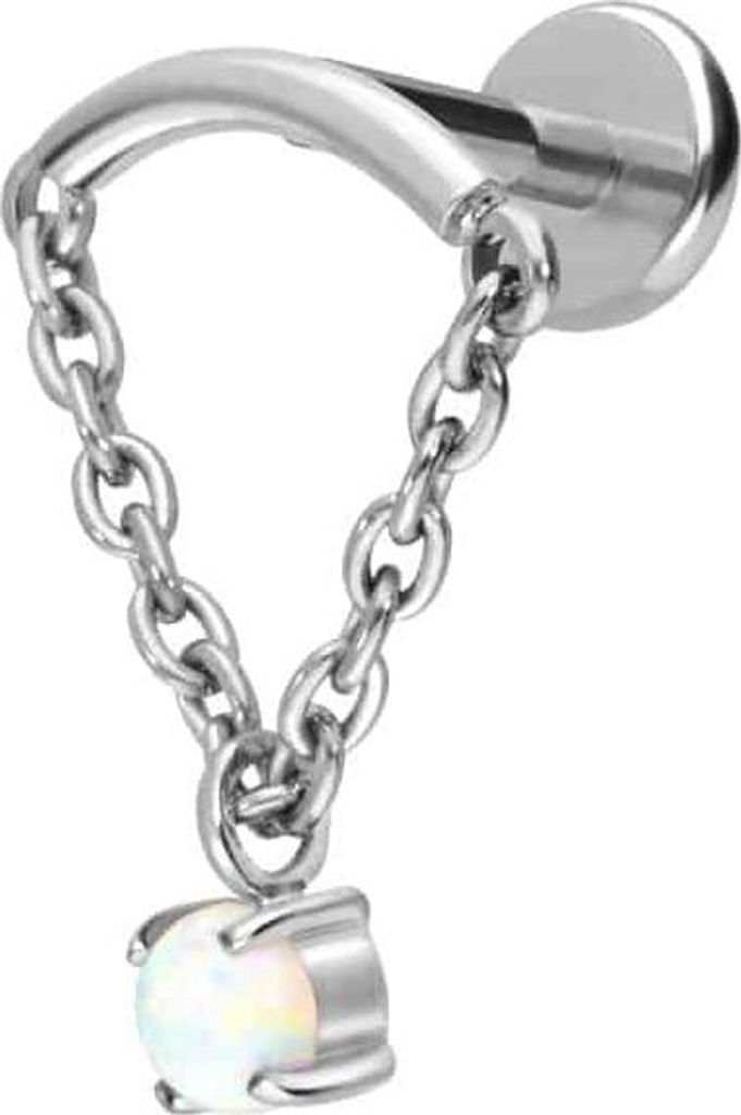 Ohrpiercing, Nasenpiercing Titan Labret mit Push Fit BOGEN + KETTE + SYNTHETISCHER OPAL Silber Stablänge: 7mm | Stabstärke: 1mm