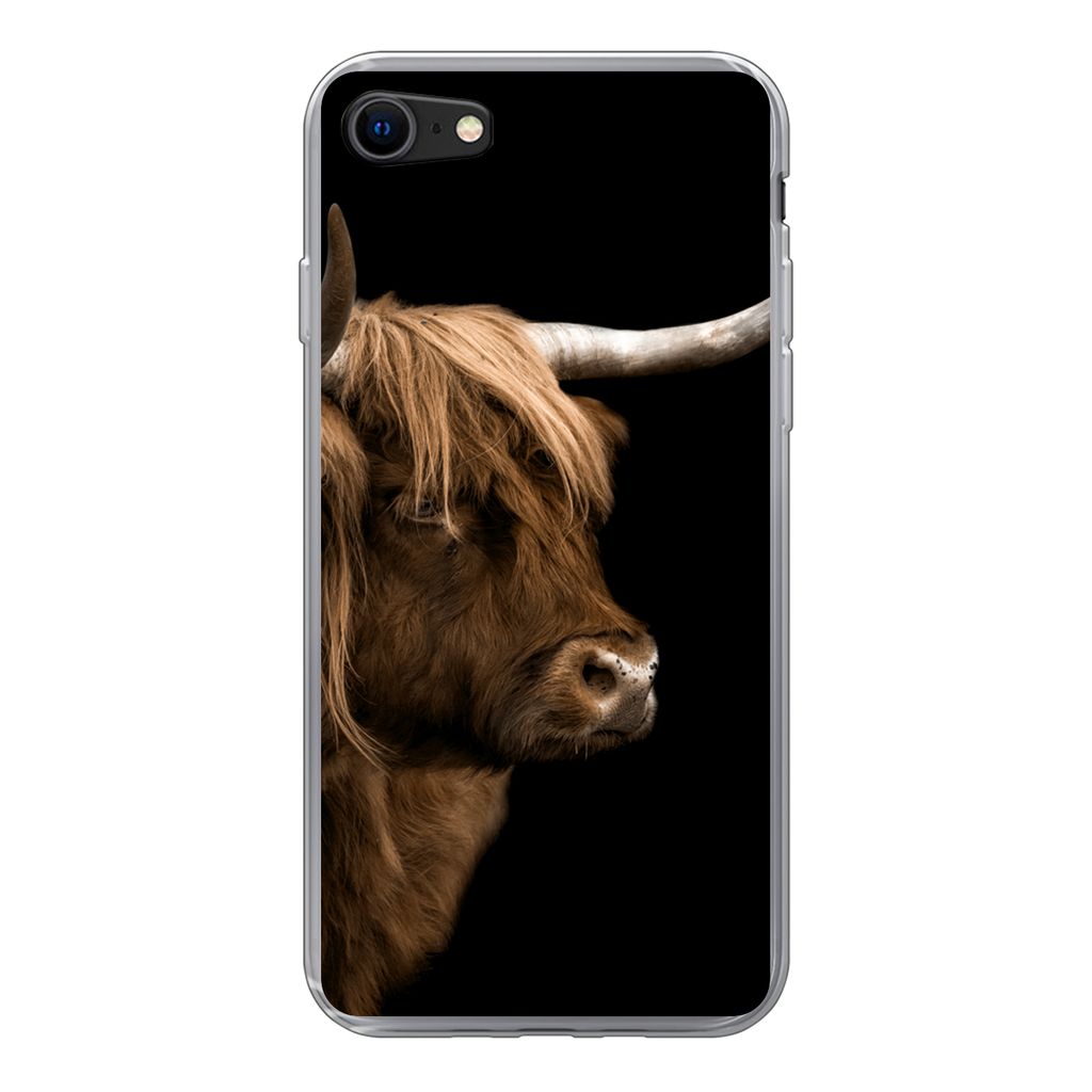 MuchoWow Handyhülle Schutzhülle Hülle für iPhone SE 2020 Schottischer Highlander - Kuh - Schwarz Silikon Softcase Handy Hülle - Kartenbesitzer