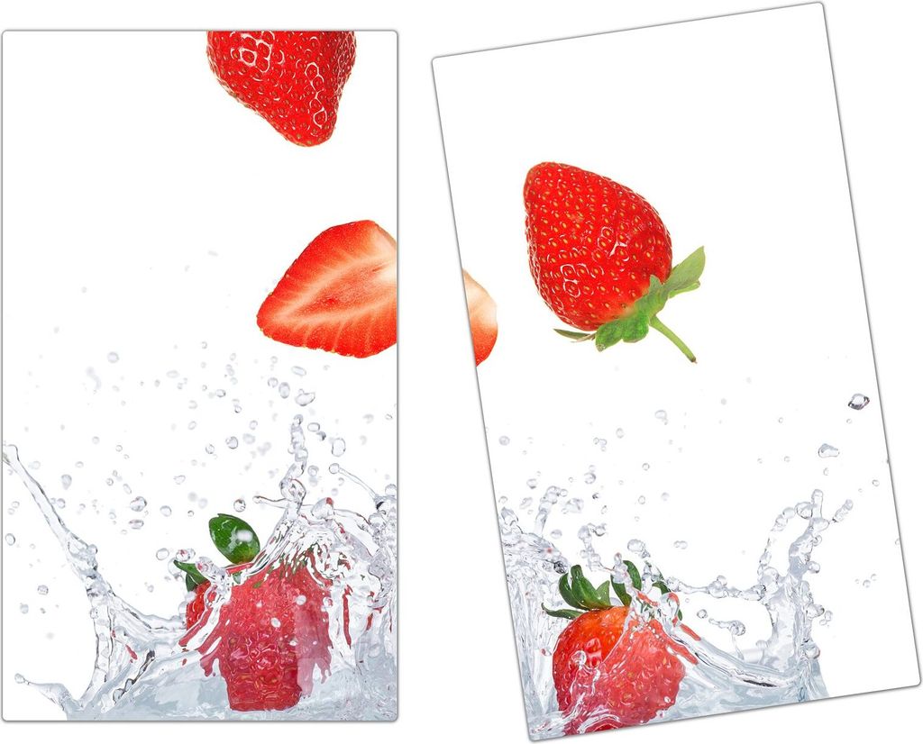 Spritzschutz Herdabdeckplatte Schneidebrett aus Glas Erdbeeren in Milch fliegend 2-Teilig (60x52cm)