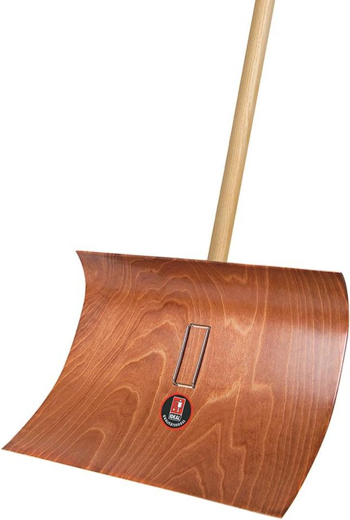 A close-up view of a wooden snow shovel head with a handle.