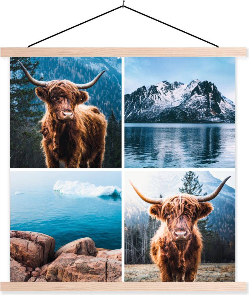 MuchoWow Textilposter Schottisches Hochlandrind - Berg - Collage 40x40 cm mit holzfarbenen Rahmen - Posterleiste