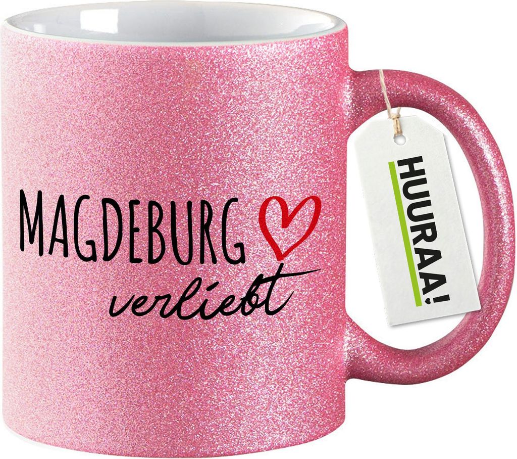 Huuraa Glitzertasse Magdeburg verliebt 330ml Pink Keramik Kaffeebecher Geschenkidee
