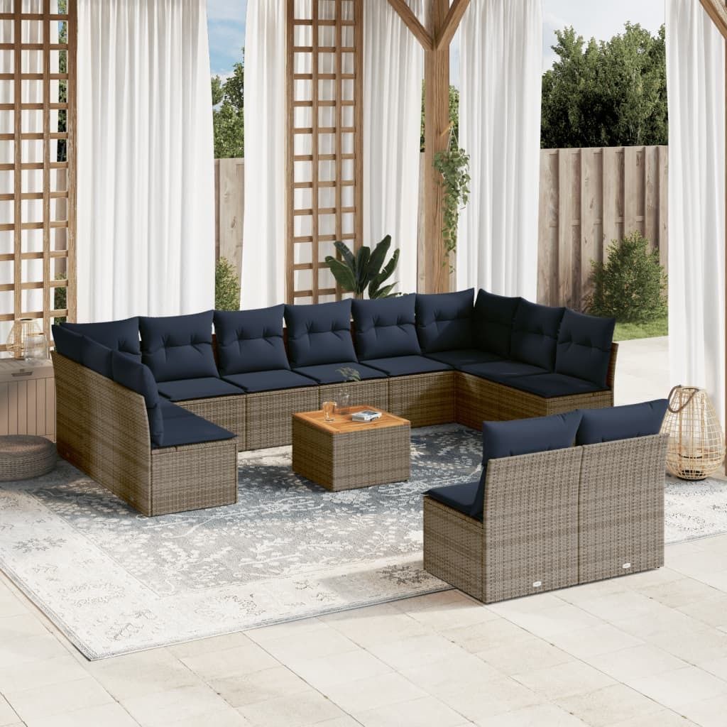 13-tlg. Garten-Sofagarnitur mit Kissen Grau Poly Rattan, Gartenmöbel-Sets DesignMöbel