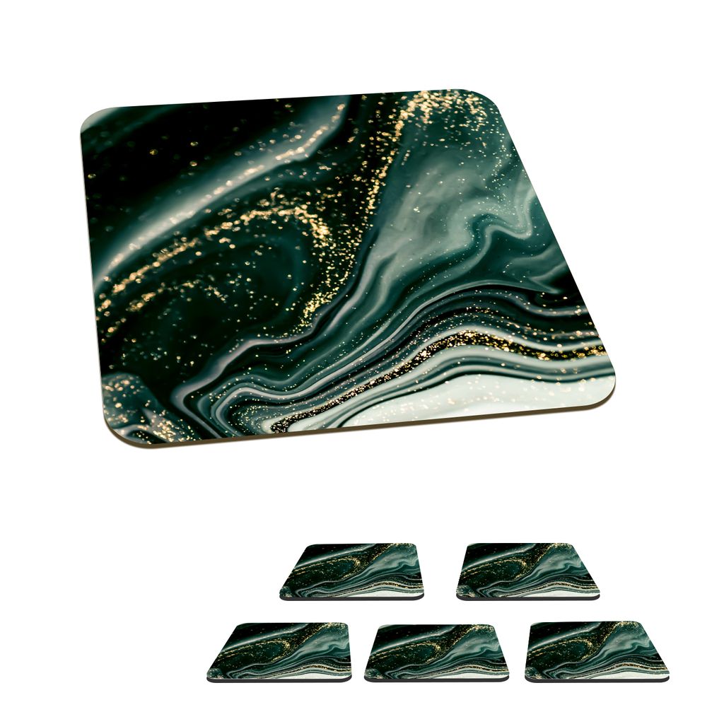 KitchenYeah Glasuntersetzer Quadratisch 6er Set Marmoroptik - Gold - Grün - Glitter - Design - Marmor 10x10 cm Untersetzer für Gläser - Getr...