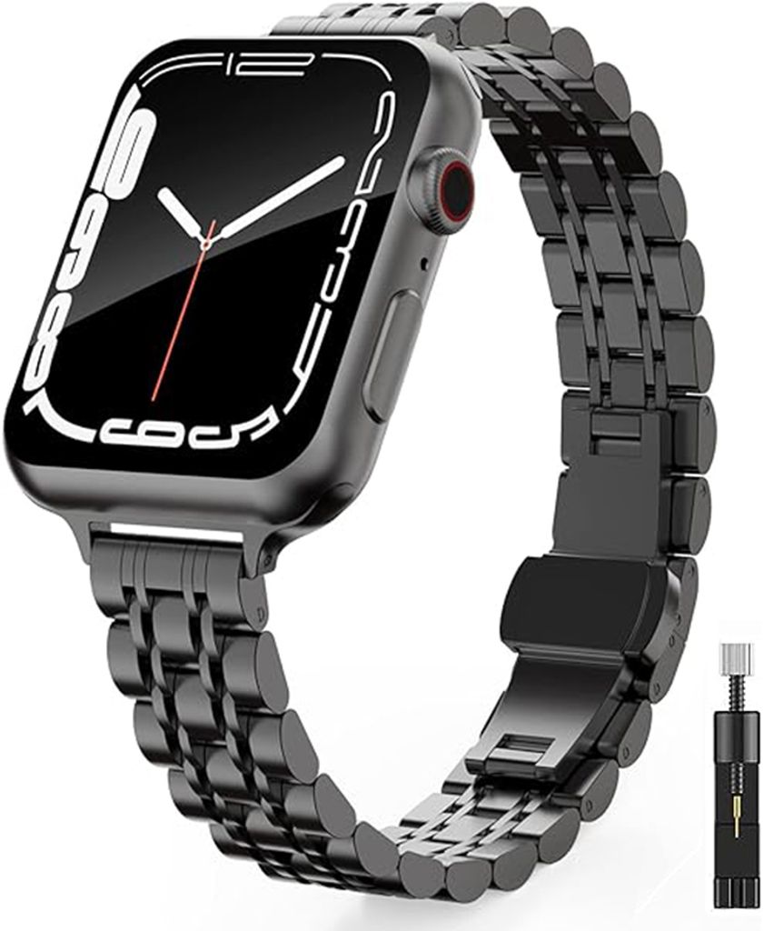 FFO2World s dünnes Edelstahlarmband - Schwarz - Kompatibel mit Apple Watch 49mm/46mm/45mm/44mm/42mm (Serie 3/2/1) - Damen Kettenarmband