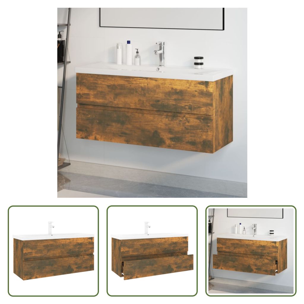The Living Store Waschbeckenschrank mit Einbaubecken Räuchereiche Holzwerkstoff