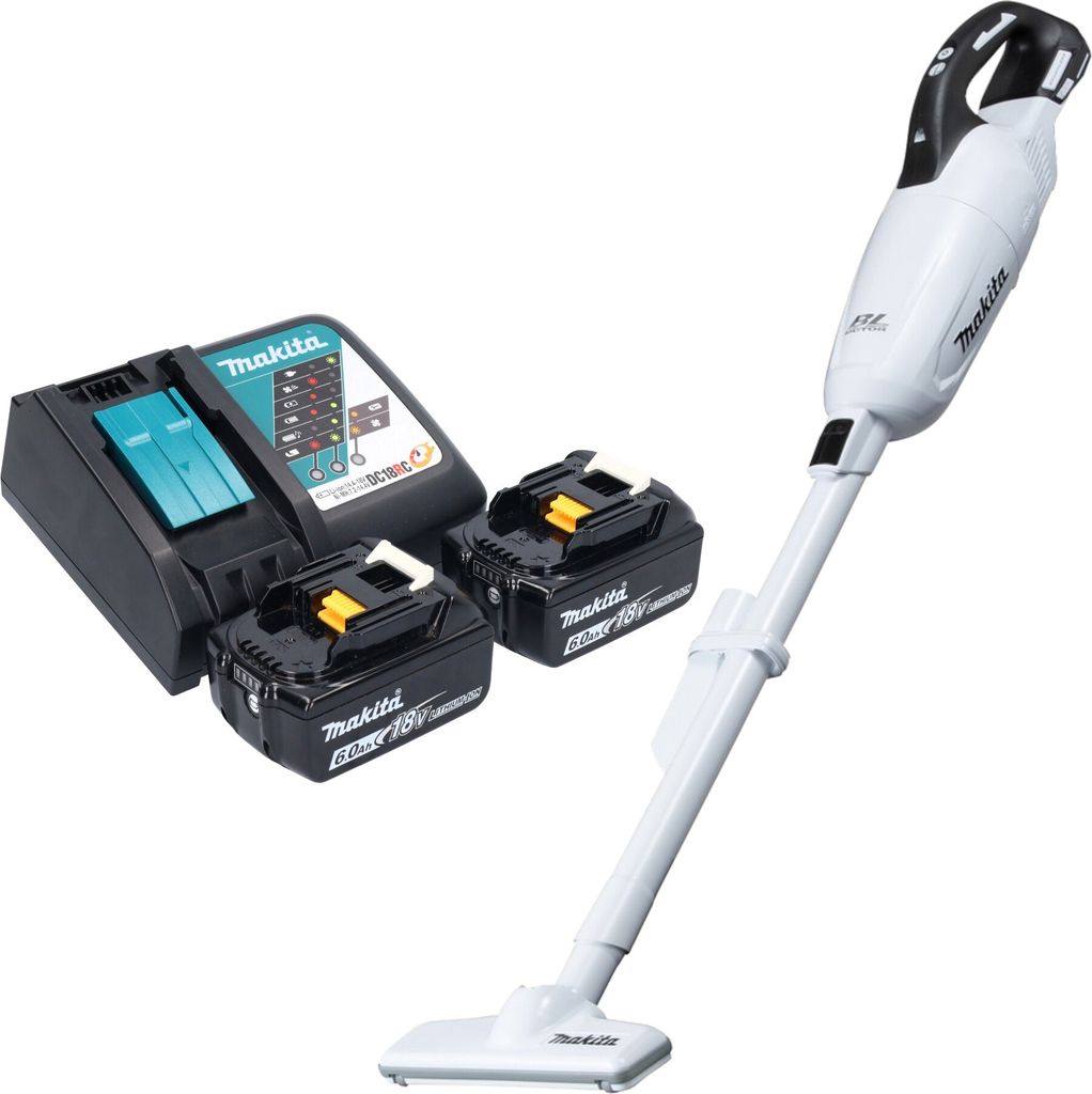 Makita DCL 281 FRGW Akku Staubsauger 18 V weiß Brushless + 2x Akku 6,0 Ah + Ladegerät