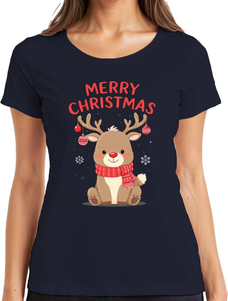Merry Christmas Rentier Weihnachten Geschenk niedlich Baby Damen T-Shirt, Navy, XXL