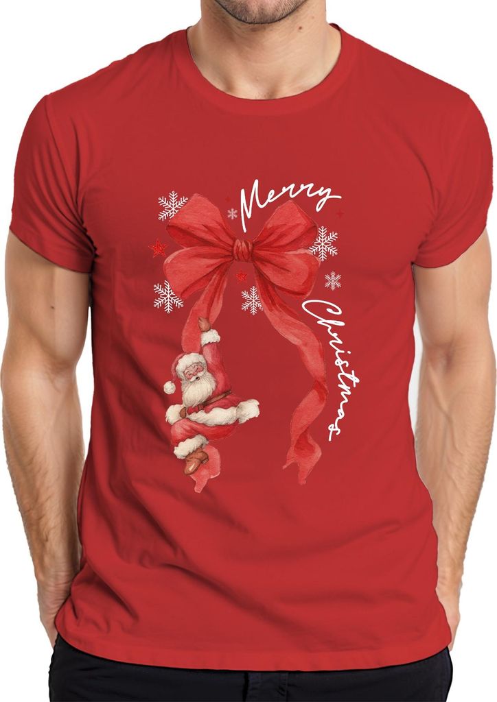 Merry Christmas Weihnachtsmann rote Schleife Schneeflocken Herren T-Shirt, Rot, XL