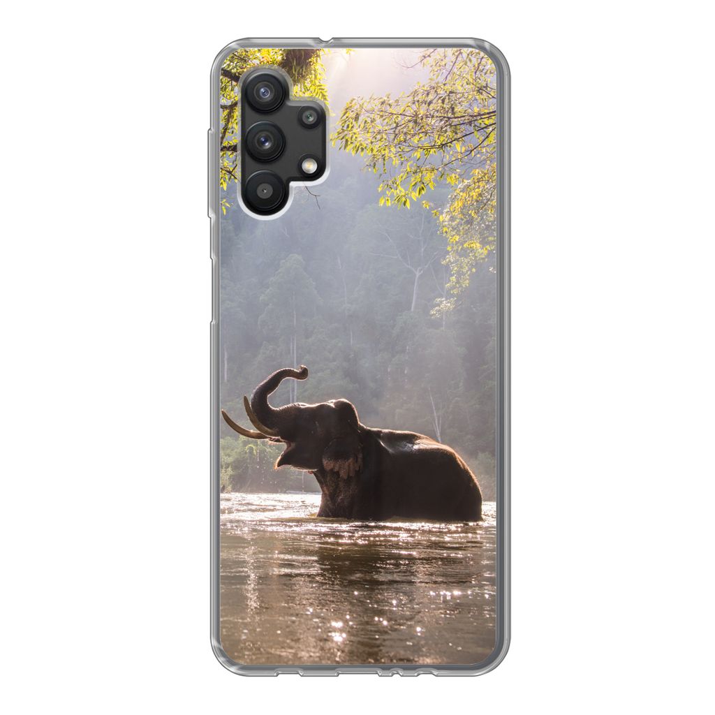 MuchoWow Handyhülle Schutzhülle Hülle für Samsung Galaxy A32 5G Elefant - Wasser - Tiere - Bäume - Sonne Silikon Softcase Handy Hülle - Sof...