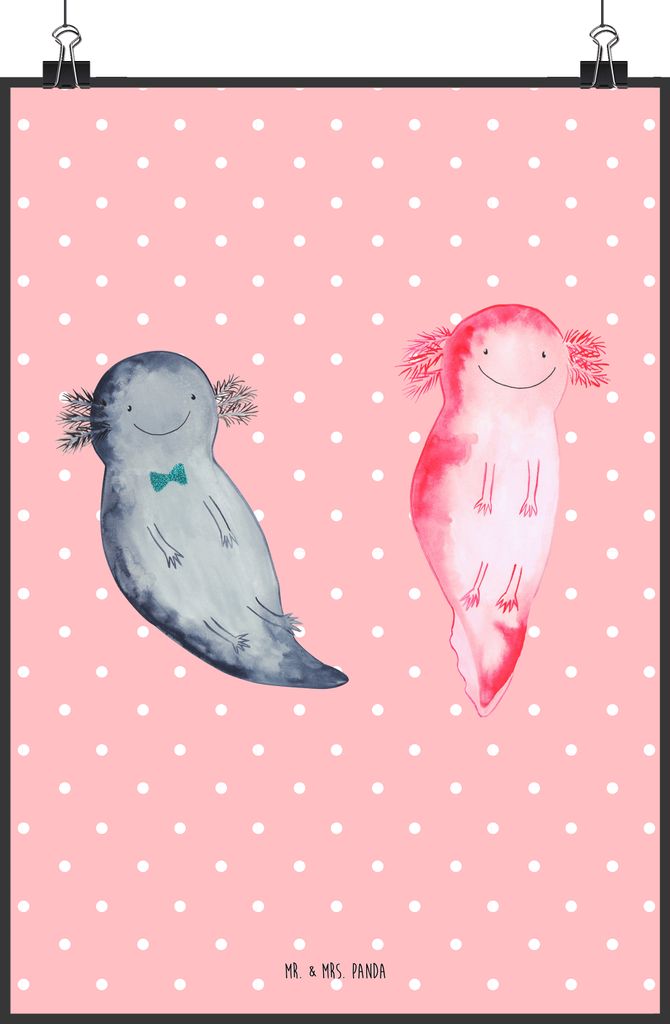Mr. & Mrs. Panda Bild Axolotl Freundin DIN A2 - Rot Pastell - Geschenk, Wandbild, Liebe, Kunstdruck, wanddeko, Valentinstag, Lurch, poster, drucke