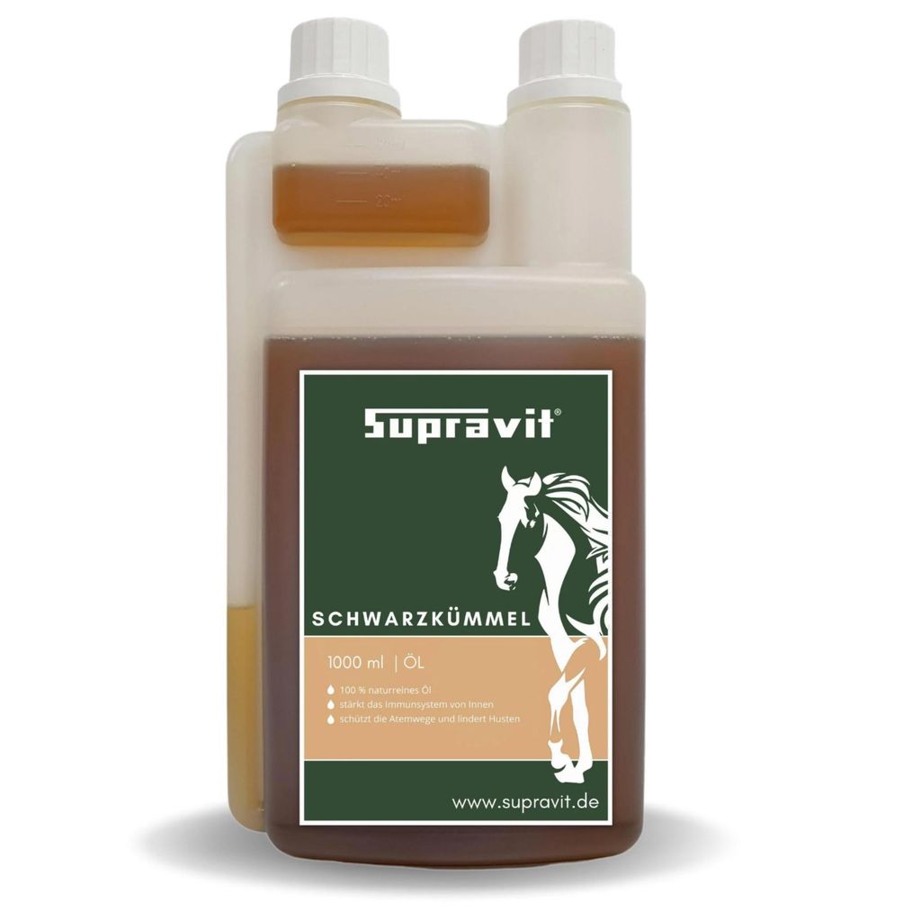 Supravit Schwarzkümmelöl für Pferd & Hund 1 Liter | Frisch kaltgepresst & 100 % naturrein | Premium Schwarzkümmelöl für die tägliche Fütterung