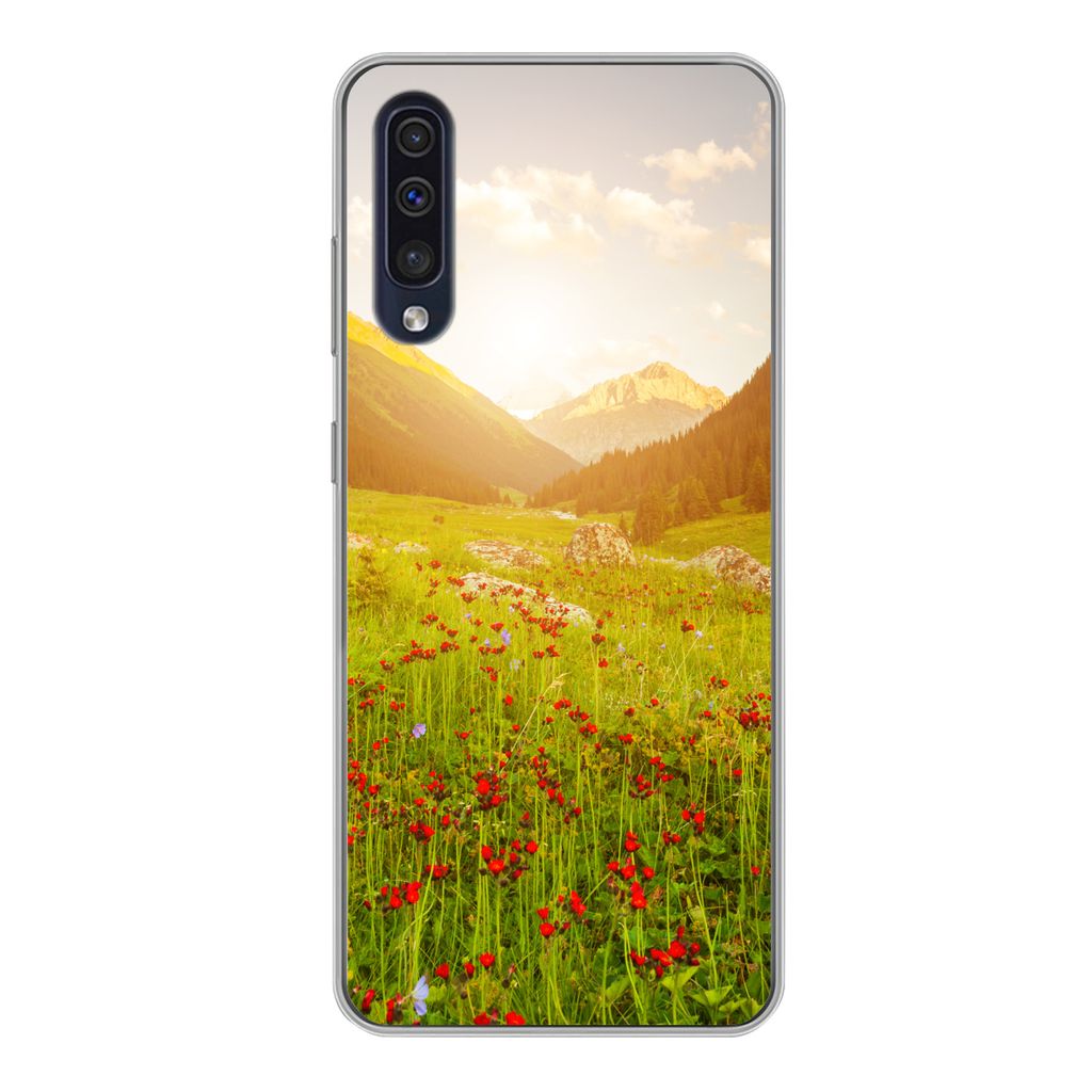 MuchoWow Handyhülle Schutzhülle Hülle für Samsung Galaxy A50 Blumen - Berg - Sonne Silikon Softcase Handy Hülle - Mobiltelefonhülle