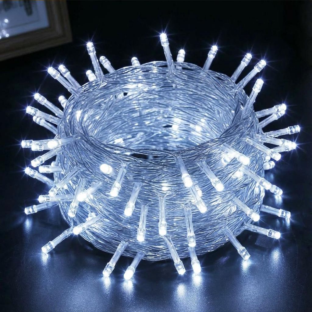 A coiled string of white LED lights.