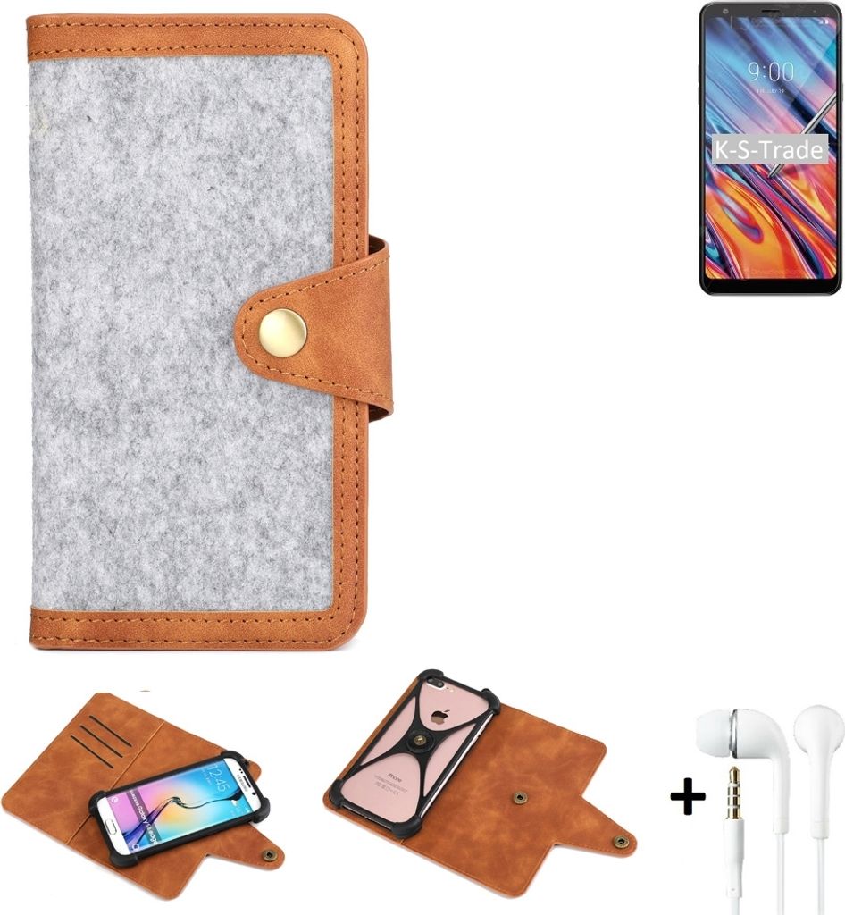 K-S-Trade Handyhülle + Kopfhörer kompatibel mit LG Electronics Stylo 5x Schutzhülle Filz Hülle Kunstleder hellgrau braun (1x)