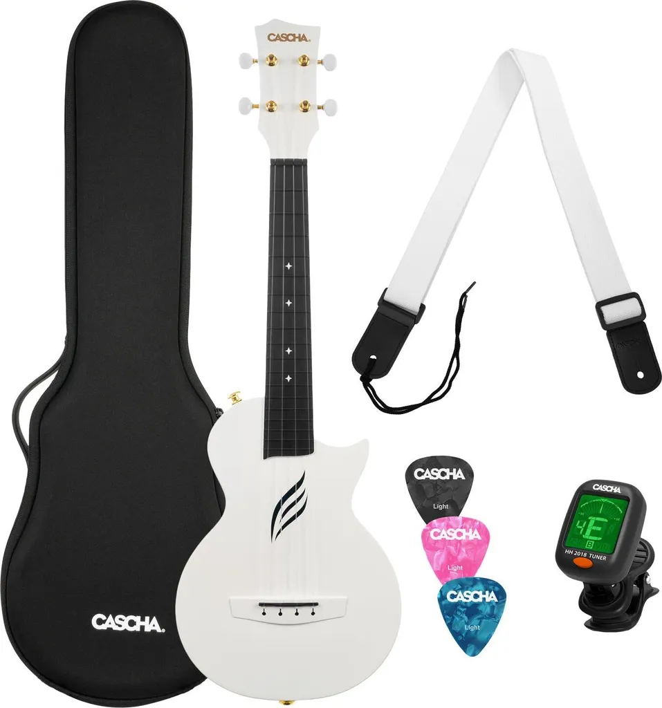 Cascha Carbon Fibre Set White Concert Ukulele - Pack Complet Premium Blanc
