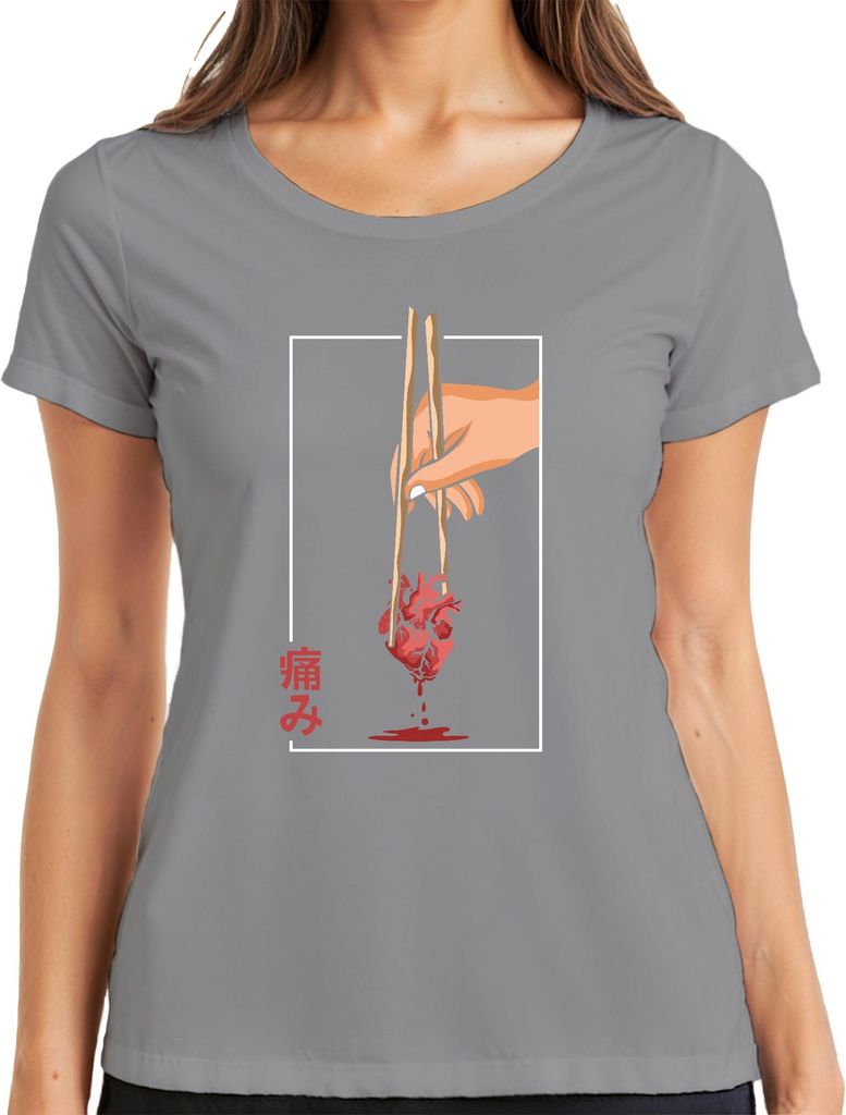 痛み Anatomisches Herz Essstäbchen Anime Vaporwave Japan Streetwear Damen T-Shirt, Grau, M