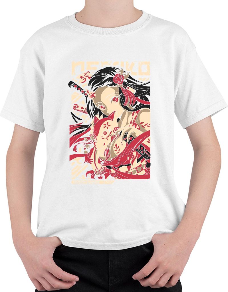Demon Slayer Nezuko Kitsune Maske Anime Geschenk Japan Y2K Streetwear Manga Uni Kinder T-Shirt, Weiß, 128