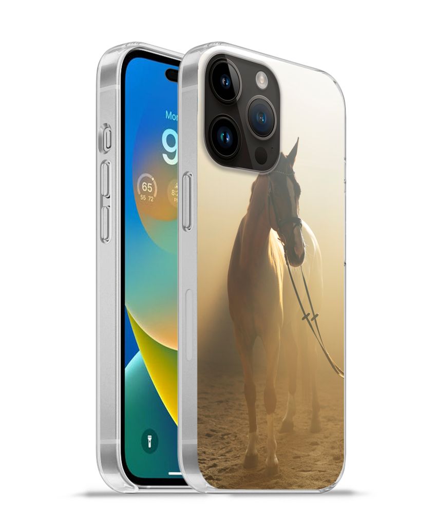 MuchoWow Handyhülle Schutzhülle Hülle für Apple iPhone 14 Pro - Softcase Pferd - Licht - Sand Silikon Softcase Handy Hülle - Umschlag