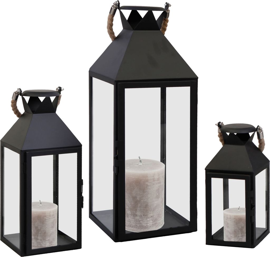 3er Laternen Set Metall Gartenlaterne Windlicht Seilgriff Produktbild 1