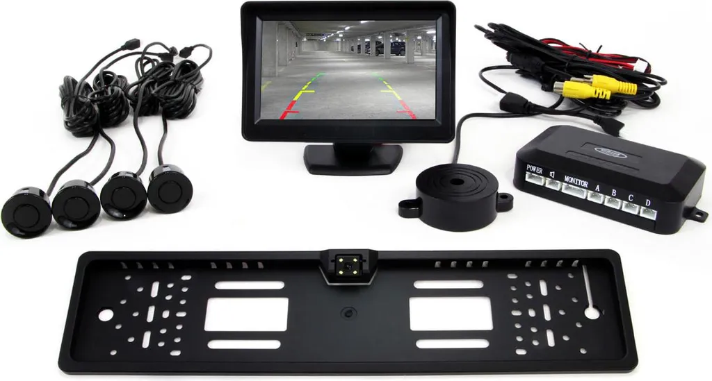 AMiO Assistente di parcheggio TFT01 4,3" con telecamera CAM-402 LED nel portatarga, 4 sensori, nero