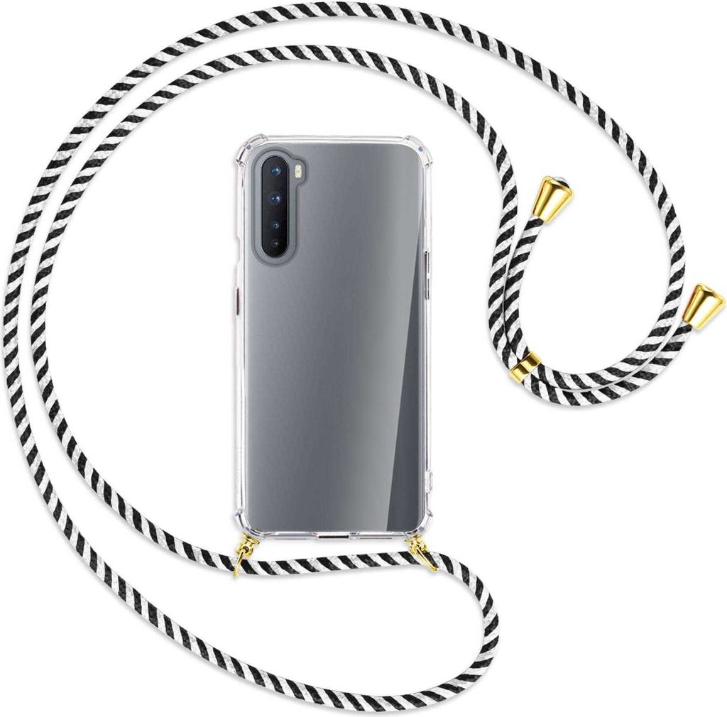 Handykette Backcover-Schutzhülle mit Band (Metall goldfarben) für OnePlus Nord 5G / OnePlus Z - schwarz/weiß gestreift