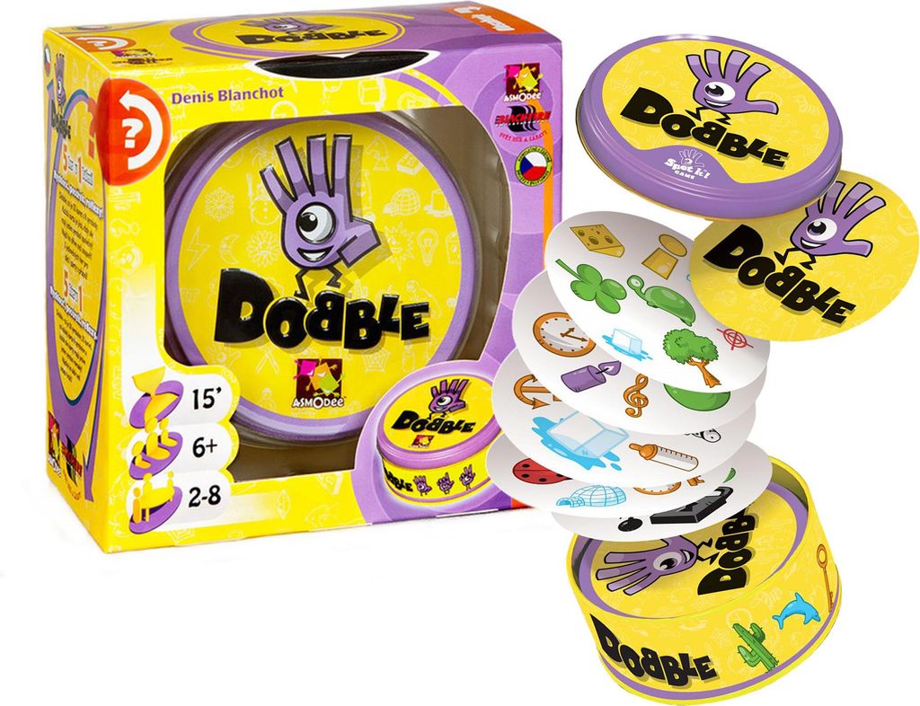 A box of the Dobble card game is shown with some cards scattered around it.
