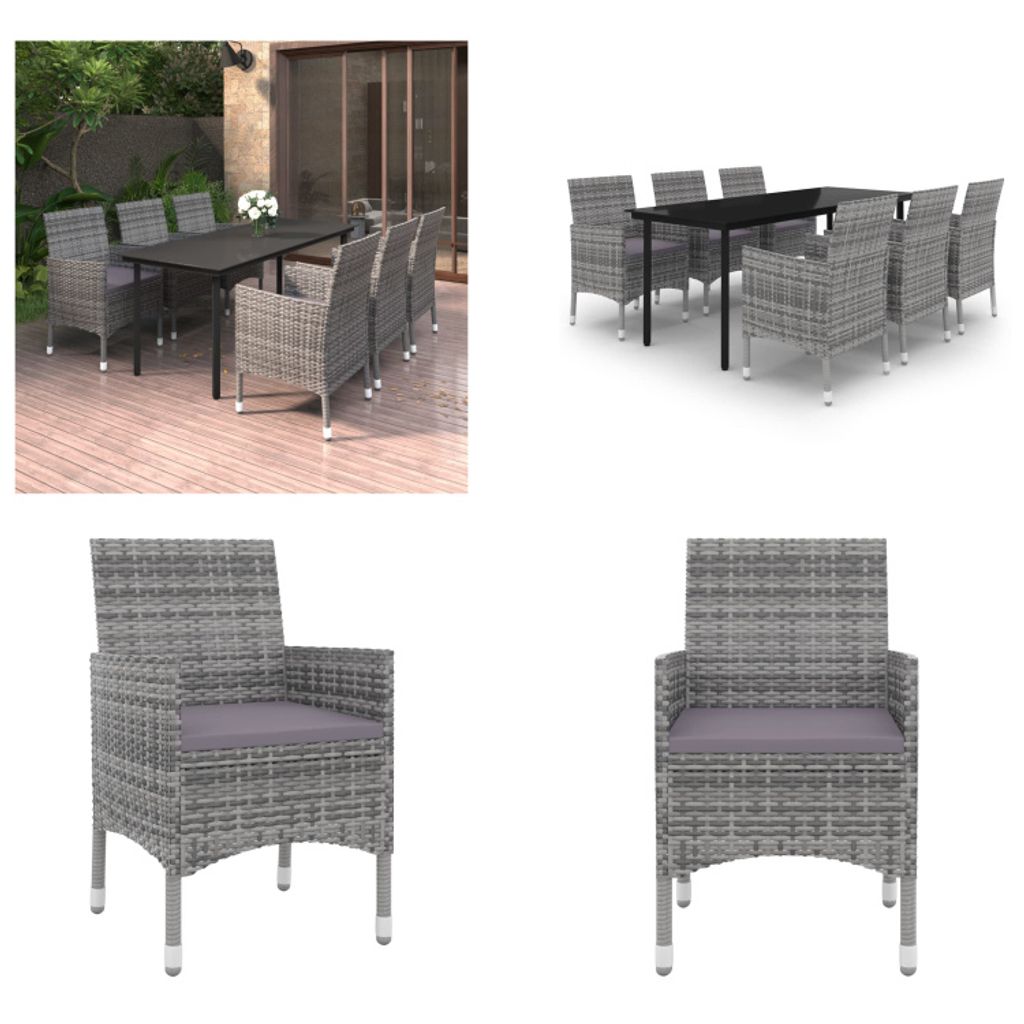 vidaXL 7 tlg. Garten Essgruppe mit Auflagen Poly Rattan und Glas - Garten-Essgruppe - Garten-Essgruppen - Outdoor-Essgruppe - Gartentisch Und Stuhl