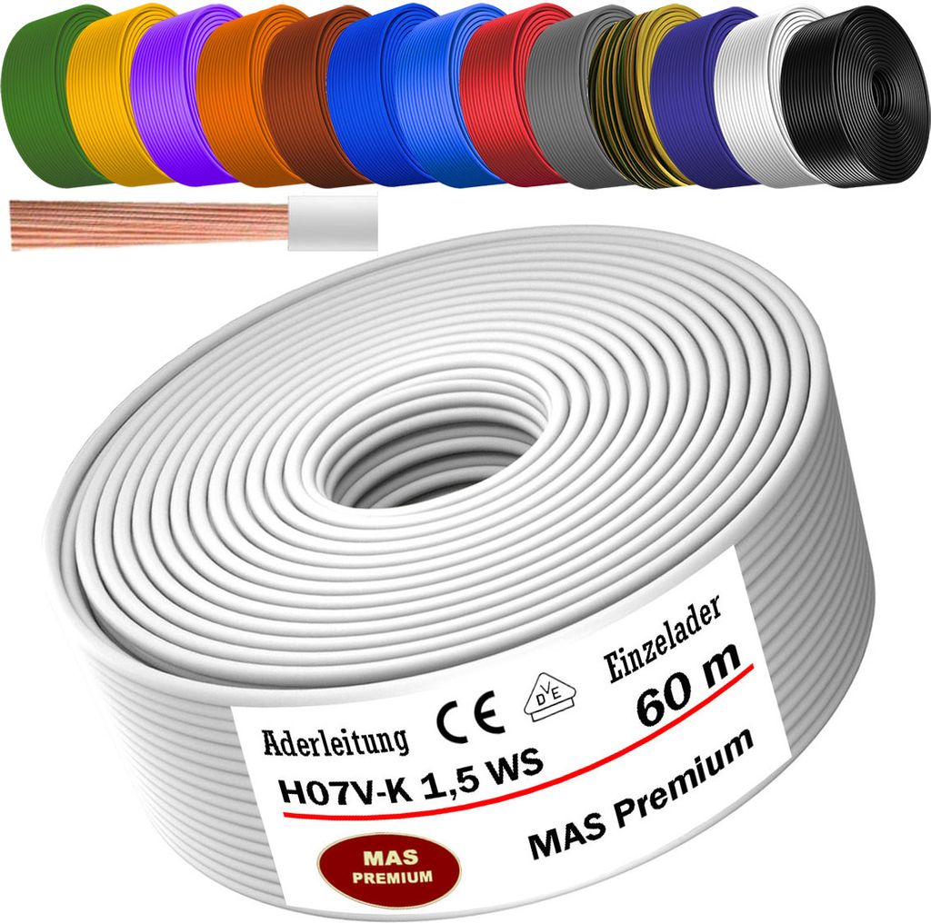 60m Aderleitung H07 V-K WS 1x1,5 mm² Weiß Einzelader Produktbild 