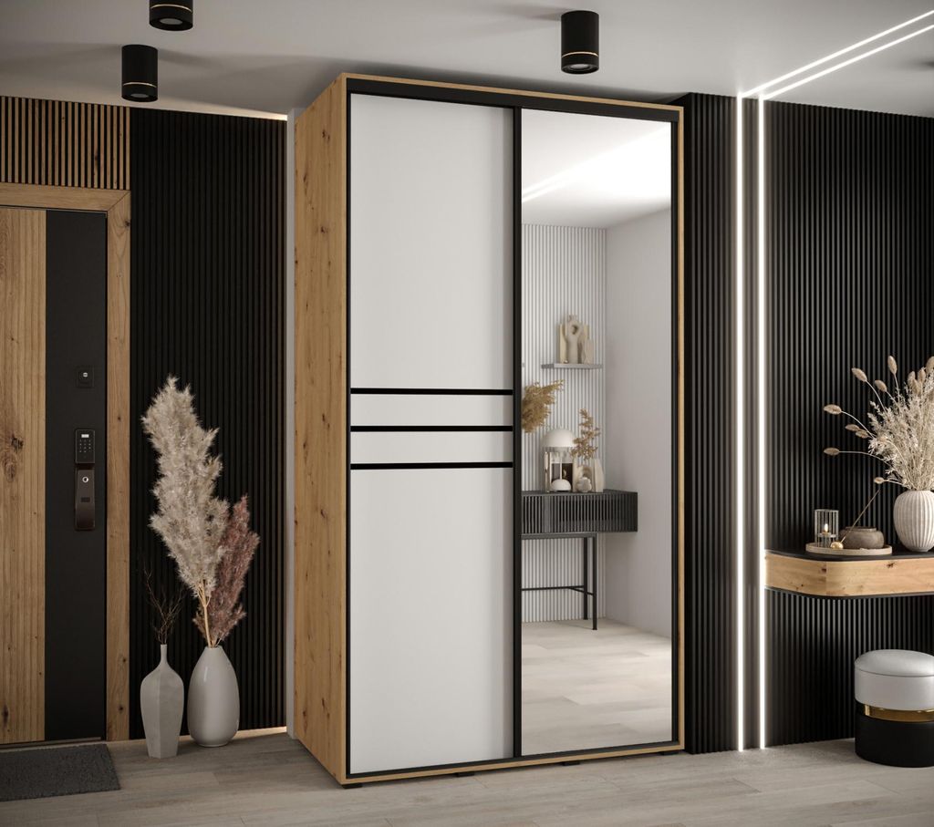 Kleiderschrank YVONA 11 - 140/60 cm, Eiche handwerklich / weiß / schwarz